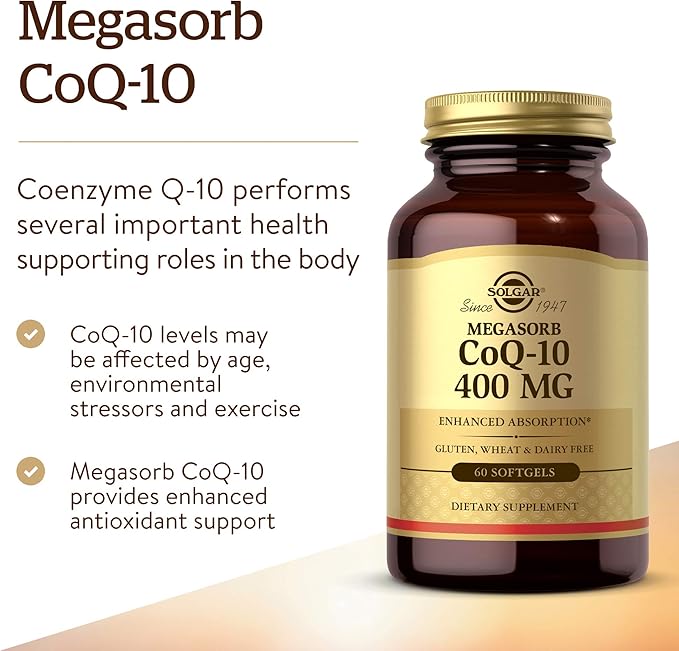 Solgar Megasorb CoQ-10 400 mg, 60 Softgels - Supports Heart & Brain Function - Coenzyme Q10 Supplement - Enhanced Absorption - Gluten Free, Dairy Free