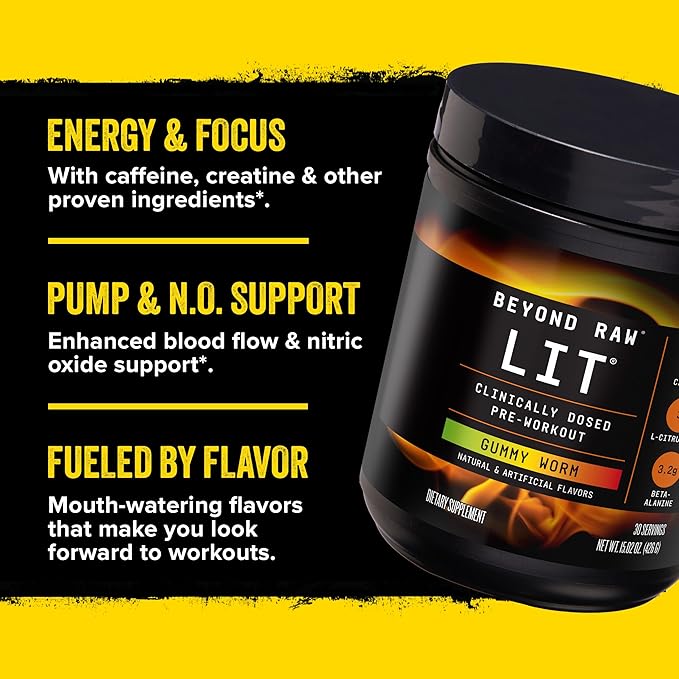 BEYOND RAW LIT PreWorkout Powder Supplement for Men and Women, Energy, Focus, Endurance, Pumps, Nitric Oxide Boost, 250mg Caffeine, Creatine, Beta Alanine, Watermelon, 30 Servings