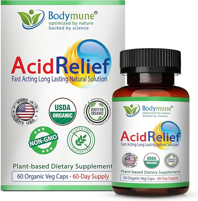 AcidRelief Acid Reducer Acid Indigestion Relief Supplement for Occasional Acid Reflux & Antacid, USA-Made USDA Organic Superfood, All-Natural Unique Blend Non-GMO Gluten-Free Vegan - 60 Caps