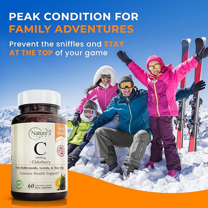 Nature's Potent Vitamin C 1000mg & Elderberry Immune Support Supplement - Vitamin C Supplements with Black Elderberry Extract - Vegetarian Immune Support Vitamins - (60 Tablets)