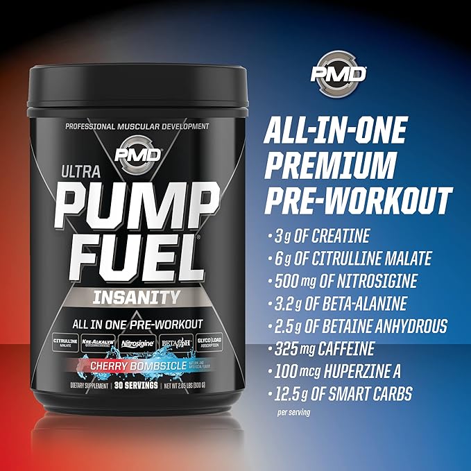 PMD Sports Ultra Pump Fuel Insanity - Pre Workout Drink Mix for Energy, Strength, Endurance, Recovery - Complex Carbohydrates and Amino Energy - Cherry Bombsicle (30 Servings)