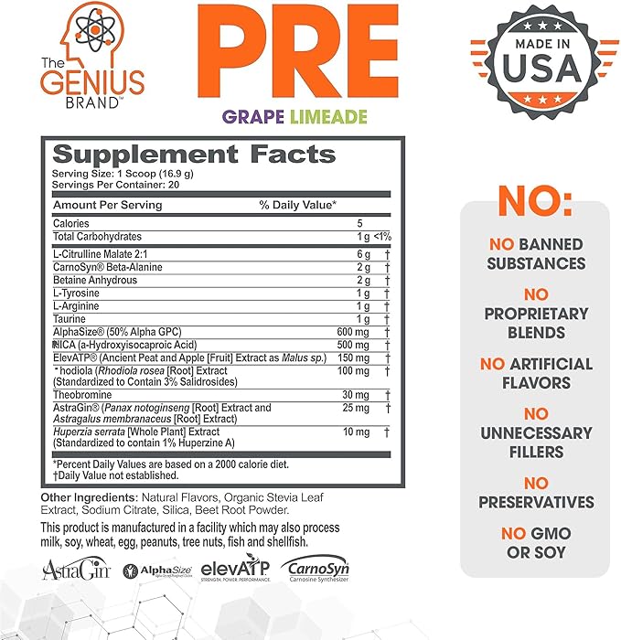 Genius Pre Caffeine-Free Pre Workout Boosted Energy, Focus, Performance Nootropic Formula AlphaSize, Citrulline Malate, CarnoSyn Beta Alanine Endurance, Stamina, Recovery, 20 Servings - Grape Limeade