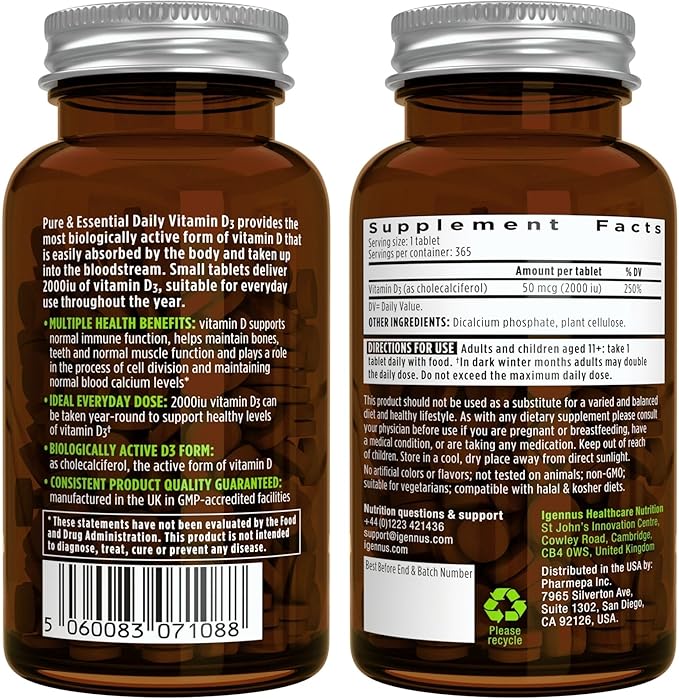 Daily Vitamin D3 + Zinc Complex Vegetarian Bundle, 365 2000iu Vitamin D3 Tablets + 25mg Chelated Zinc Picolinate & Bisglycinate with Copper, by Igennus