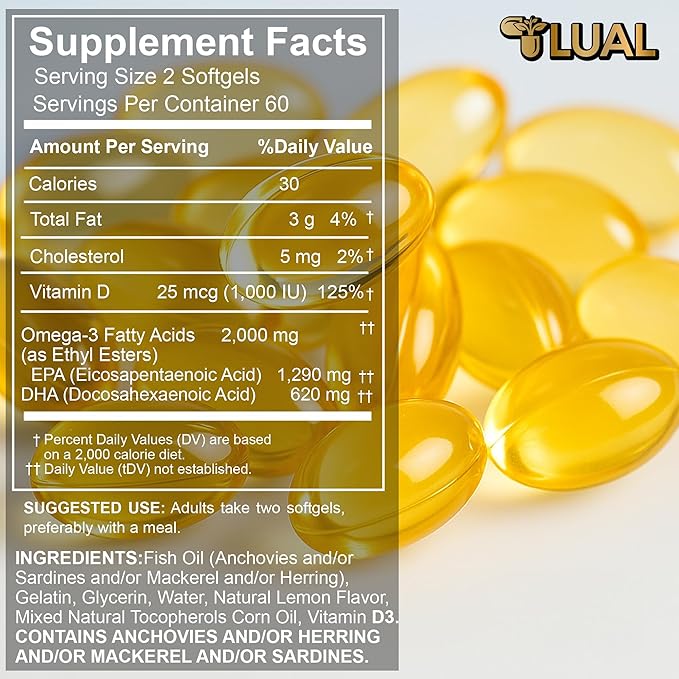 LUAL Omega-3 Fish Oil 2000mg with Vitamin D3 1,000 IU – Supports Eye, Brain, Bone and Heart Health – Lemon Flavor – 120 Softgels