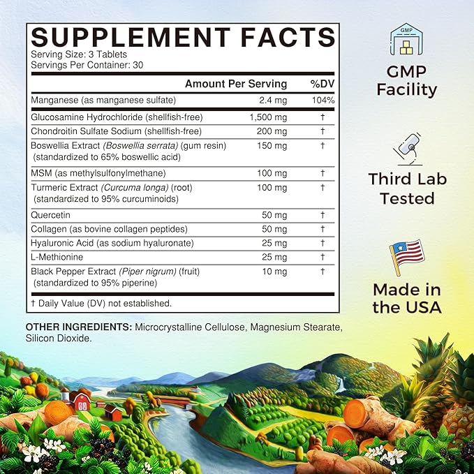Vitalitown Glucosamine Chondroitin MSM | Collagen, Boswellia, Turmeric, Hyaluronic Acid, Bromelain | Triple Action+ Formula | 12 Move-Freely Ingredients | 90 Tablets, No Shellfish