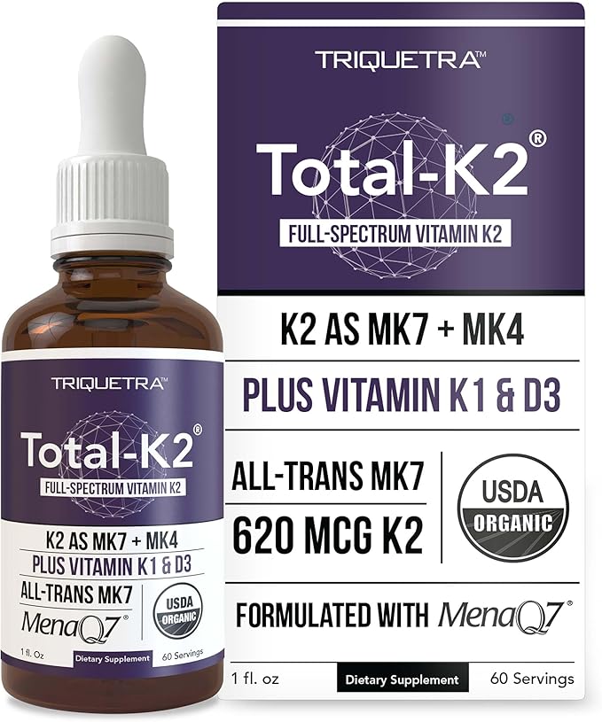 Total K2® | Vitamin K2 as MK7 & MK4 | Plus K1 & Vitamin D3 Cofactor - 620 mcg K2 per Serving - All-Trans MK7 from MenaQ7® - Full-Spectrum Vitamin K - Vegan, Organic Certified (Liquid 1 oz)