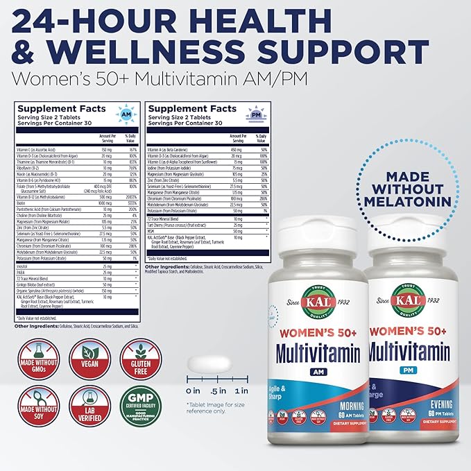 KAL Plus 2-in-1 Multivitamin for Women 50+, AM/PM Vitamin B and D, Biotin, Ginkgo Biloba, Bone Strength and Immune Support, Made Without GMOs and Soy, Vegan, 30 Servings, 120 Tablets