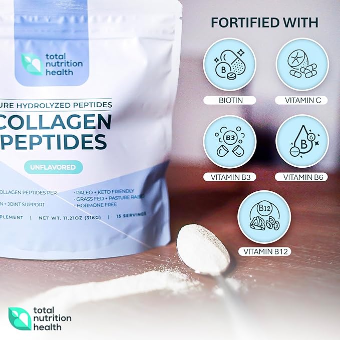 Collagen Peptides Powder – 11oz Unflavored – Pure Grass Fed Collagen Protein with Vitamin C, B3, B6, B12, Biotin for Hair, Nails, Skin and Joint Support – Non-GMO, Sugar-Free