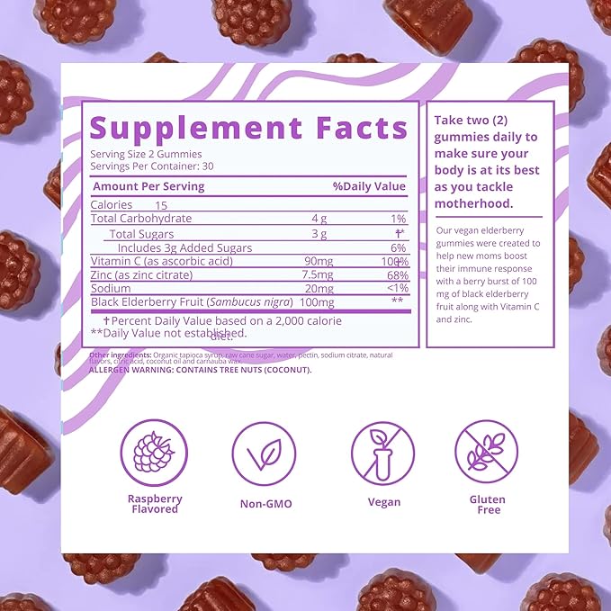 Baby Blues Berry Boost Elderberry Gummies for Moms - Immune Support with Zinc & Vitamin C Non-GMO Vegan and Gluten Free (60 Pieces)