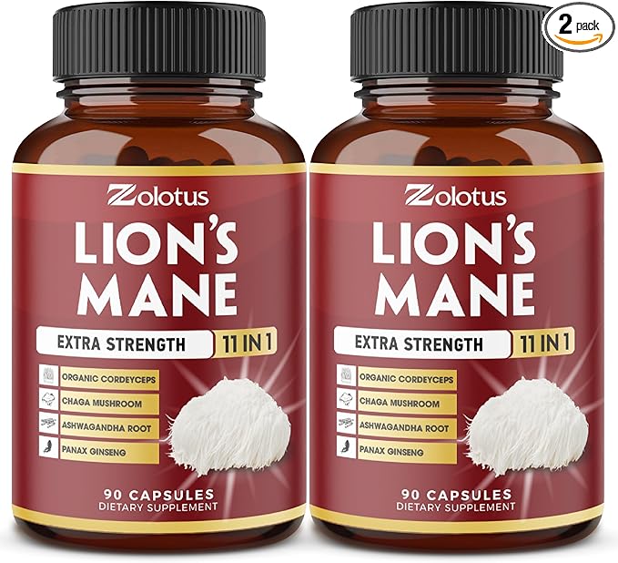 Zolotus 2 Packs 90 Capsules Lions Mane Mushroom Supplement, 6 Month Supply with Cordeyceps, Reishi, Ashwagandha, Focus, Memory and Brain Support Supplement, Immune Support, Energy Pills
