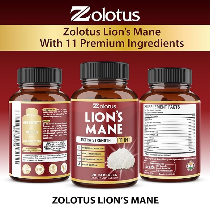 Zolotus 2 Packs 90 Capsules Lions Mane Mushroom Supplement, 6 Month Supply with Cordeyceps, Reishi, Ashwagandha, Focus, Memory and Brain Support Supplement, Immune Support, Energy Pills