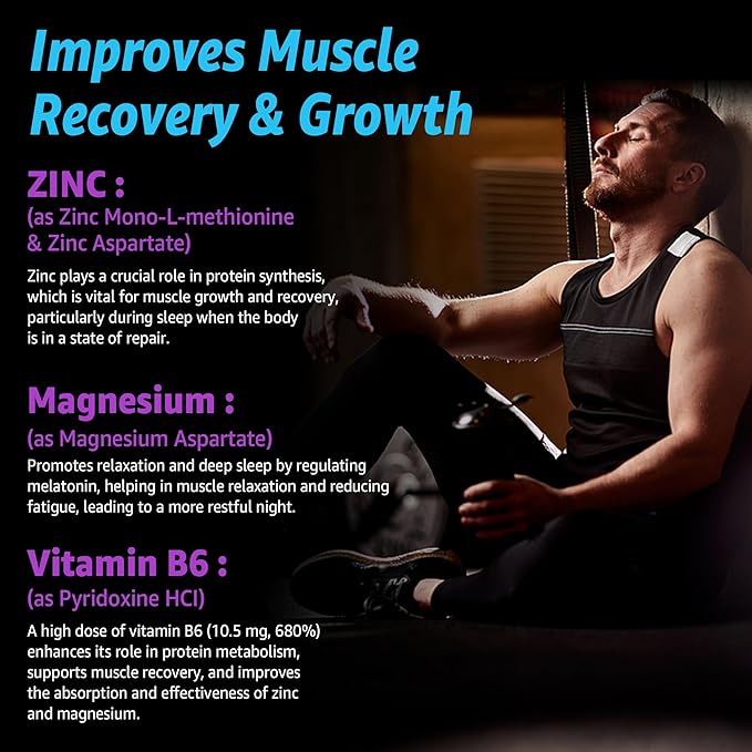 Zinc and Magnesium Supplement (Made in USA), Zinc Magnesium Aspartate Post Workout Gummies for Men Women, w/Vitamin B6, B12, D3, Turmeric for Nighttime Muscle Recovery, Boost Immunity & Sleep, 60 Cts