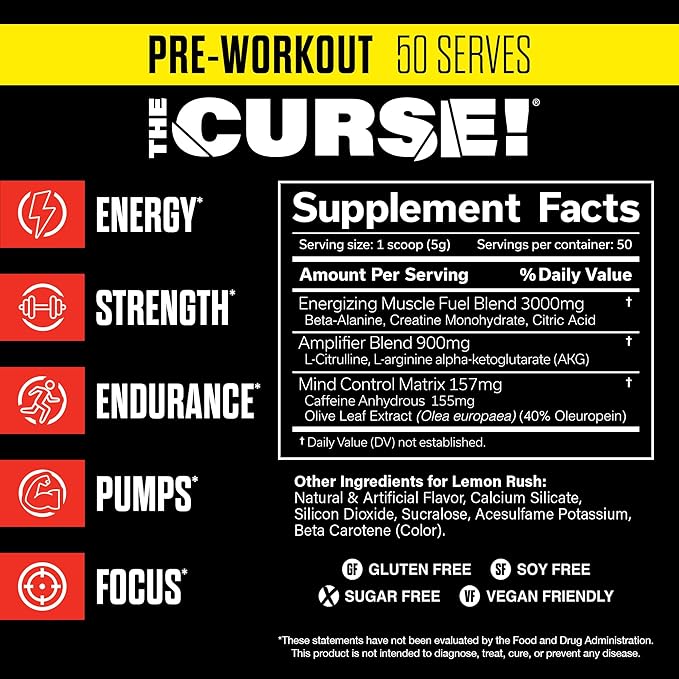 JNX SPORTS The Curse! Pre Workout Powder for Men & Women, Caffeine, Beta-Alanine, Creatine, L-Citrulline, 50 Servings, Lemon Rush Flavor – Boost Energy, Strength & Focus