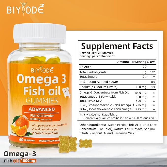 Omega-3 Fish Oil Supplements: Pure 1000mg Omega-3 Gummies Support Heart Joint Eye Brain Immune Health 60 Gummies 30 Day Supply
