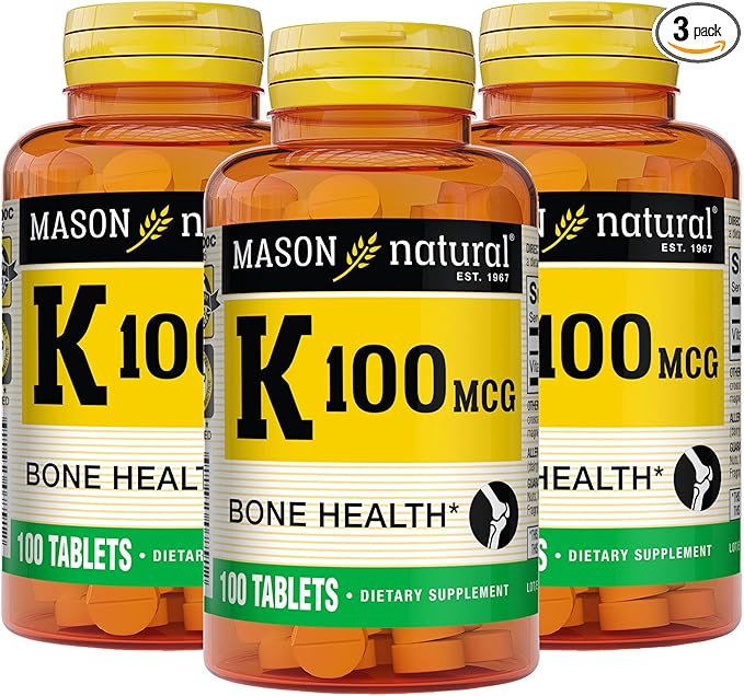 MASON NATURAL Vitamin K 100 mcg, Supports Bone & Joint Health, Helps Calcium Absorption, 100 Tablets, Pack of 3