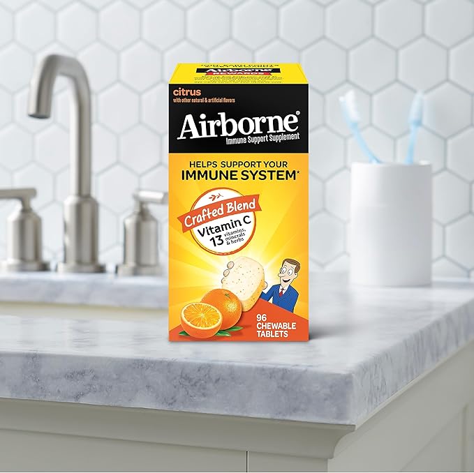 Airborne Vitamin C 1000mg (per Serving) - Citrus Chewable Tablets (96 Count in a Box), Gluten-Free Immune Support Supplement with Vitamins A C E, Zinc, Selenium, Echinacea, Ginger, Antioxidants