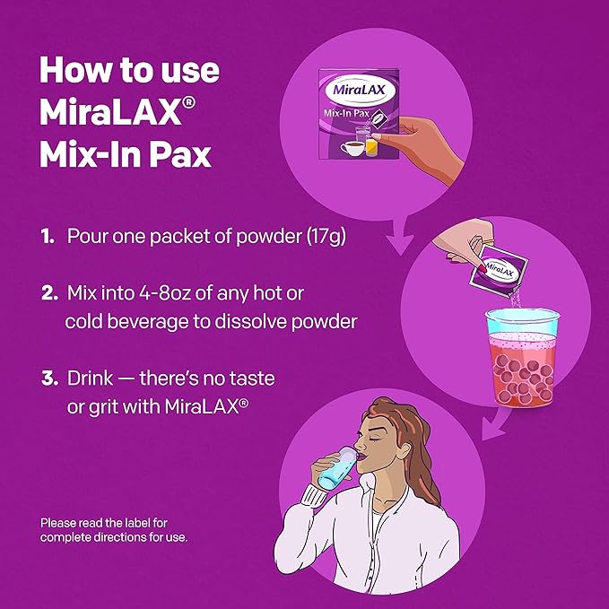 MiraLAX Gentle Constipation Relief Laxative Powder, Stool Softener with PEG 3350, No Harsh Side Effects, 1 Doctor & OBGYN Recommended, Single Dose Mix-in Pax, Travel Pack, 24 Dose