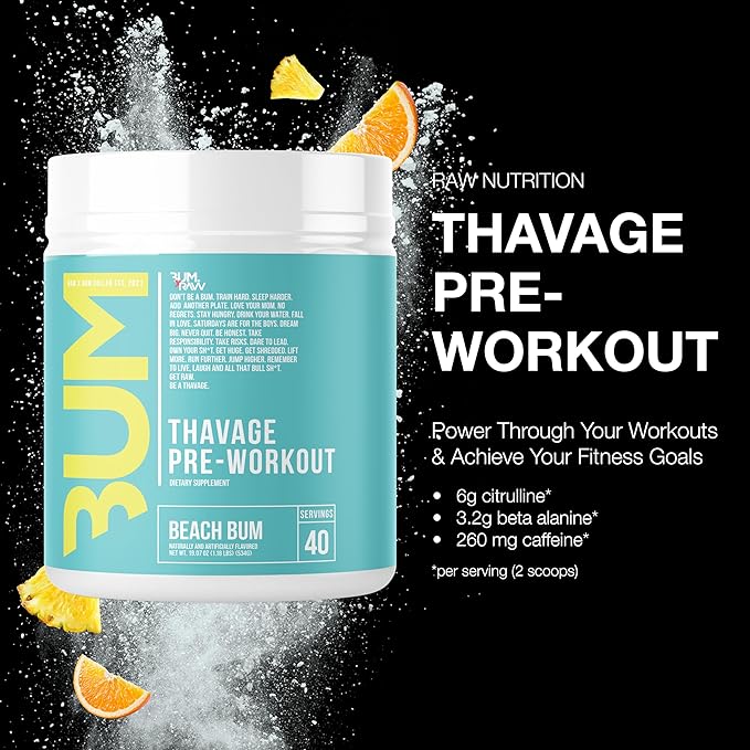 RAW Pre Workout Powder, Thavage (Beach Bum) - Chris Bumstead Sports Nutrition Supplement for Men & Women - Cbum Pre Workout for Working Out, Hydration, Mental Focus & Energy - 40 Servings