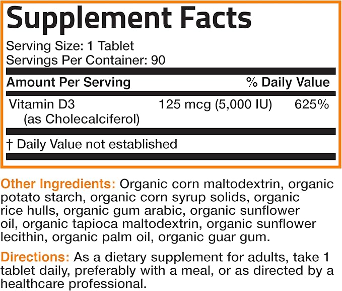 Bronson Vitamin D3 5000 IU Certified Organic Vitamin D Supplement, Non-GMO, USDA Certified, 90 Tablets