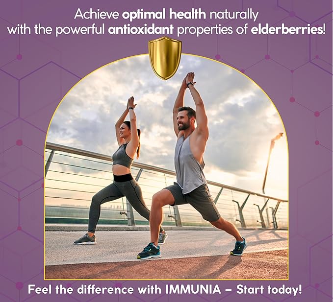 Immunia Elderberry Gummies. for Optimal Immune Support. Highly Concentrated of Elderberry (4,500 mg/2 Gummies). with Vitamin C & Zinc. Antioxidant. Gelatin-Free. Delicious. 60 Gummies