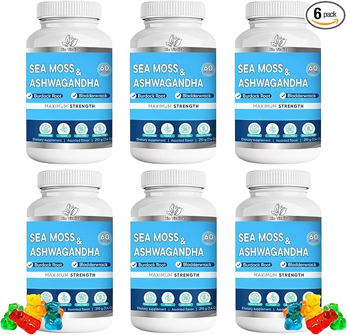 BIO VITALICA Sea Moss Ashwagandha Gummies - Organic Irish Seamoss & Ashwa Root Powder Supplements for Supporting Energy & Immunity for Men and Women - 6 Packs