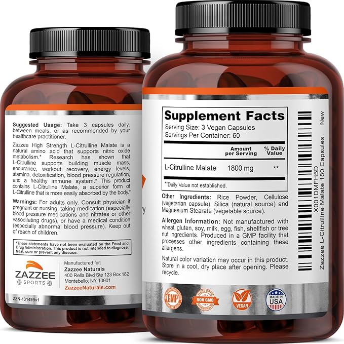 Zazzee High Strength L-Citrulline Malate, 1800 mg per Serving, 180 Vegan Capsules, 60 Day Supply, High Absorption with Superior Free-Form Malate, 100% Vegetarian, All-Natural and Non-GMO