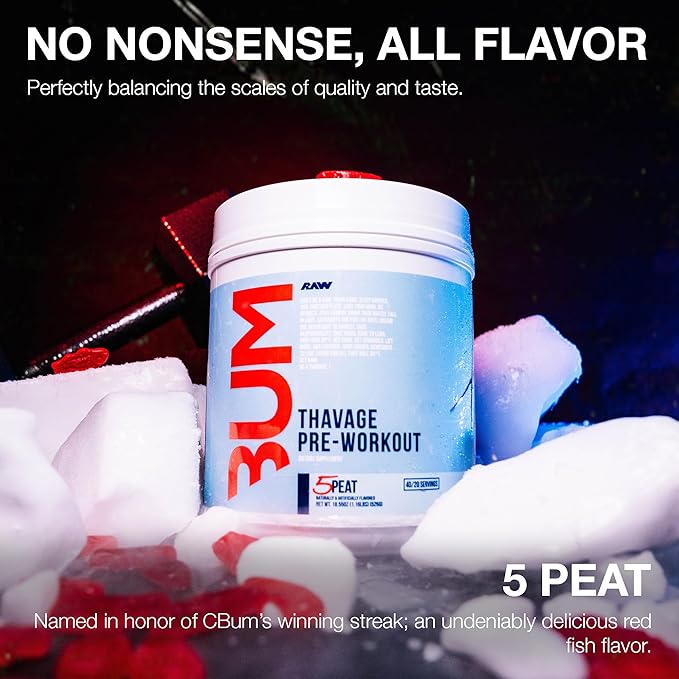 RAW Pre Workout Powder, Thavage (5 Peat, Red Gummy) - Chris Bumstead Sports Nutrition Supplement for Men & Women - Cbum Pre Workout for Working Out, Hydration, Mental Focus & Energy - 40 Servings