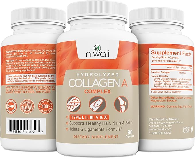 Multi Collagen Complex Supplement for Women & Men | Hydrolyzed Collagen Pills - Types I, II, III, V & X| for Healthy Hair, Nails, Skin, Bone & Joints | 90 Capsules