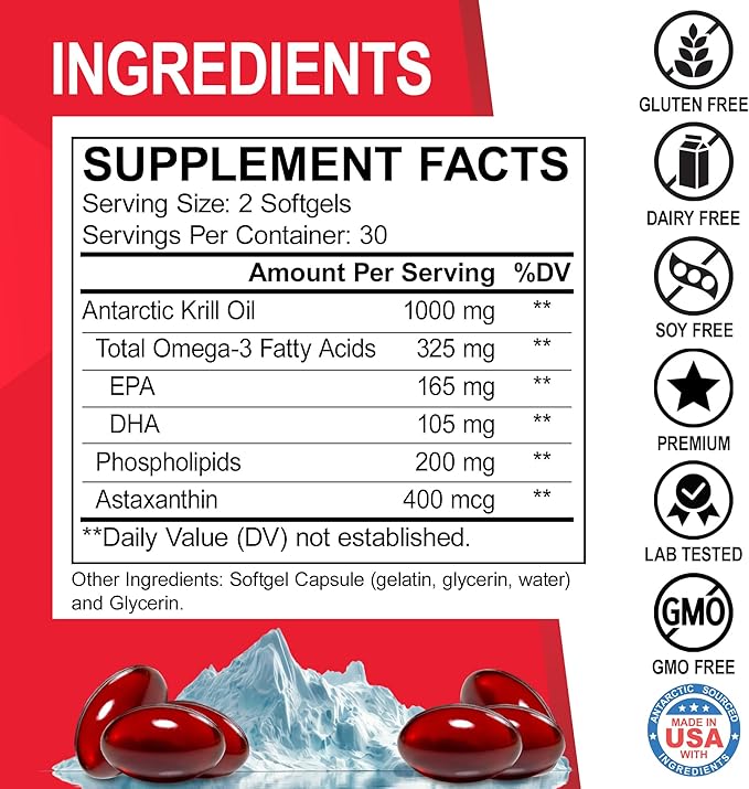 Krill Oil Omega 3 500mg - Antarctic Krill Oil 1000mg Softgels Capsules EPA, DHA, Astaxanthin, Phospholipids - Omega 3 Fatty Acids Supplements, Natural Pure Supplements for Women & Men - 60 Softgels