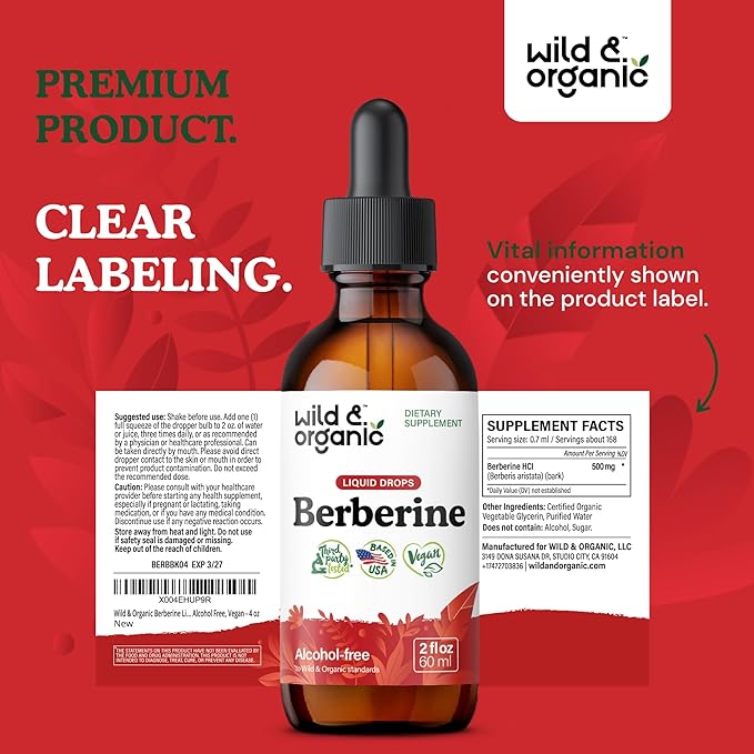 Wild & Organic Berberine Liquid Drops - 500mg Berberine Supplement HCL for Overall Support - Natural Extract Tincture - Vegan, Alcohol & Sugar-Free - 2 fl oz