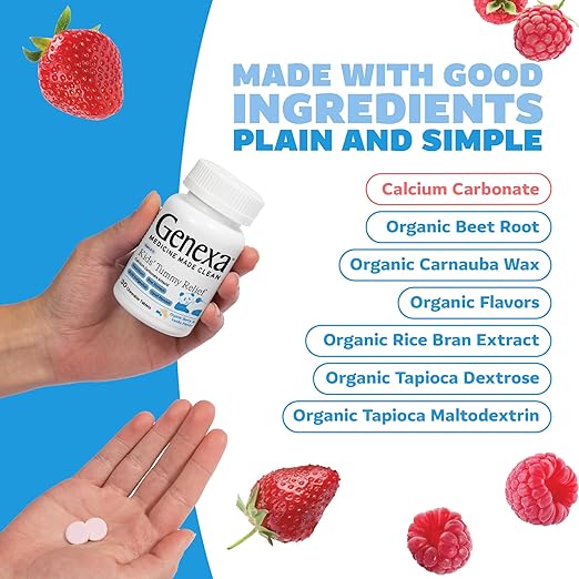 Genexa Kids’ Clean Dye Free Tummy Relief | Heartburn, Acid Indigestion, Sour Stomach Chewable Antacid | 0% Artificial Additives, Children’s Calcium Carbonate, Organic Berry Flavor, 30ct