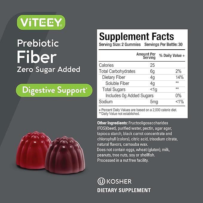 Viteey Prebiotic Fiber Gummies for Adults, 4g - Zero Sugar Added - Fiber Supplement for Digestive Health Regularity & Natural Weight Support - Vegan, Gelatin Free - Chewable Fruit Flavored Gummy