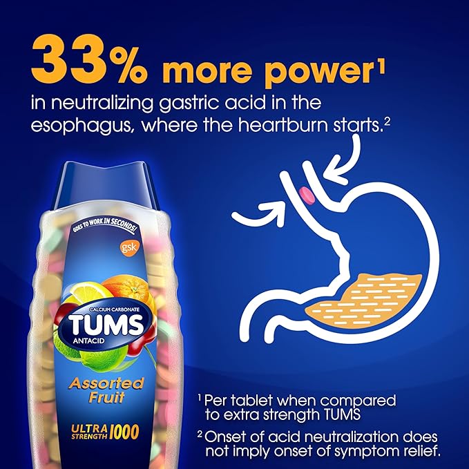 TUMS Ultra Strength Antacid Tablets for Chewable Heartburn Relief and Acid Indigestion Relief, Assorted Fruit - 160 Count