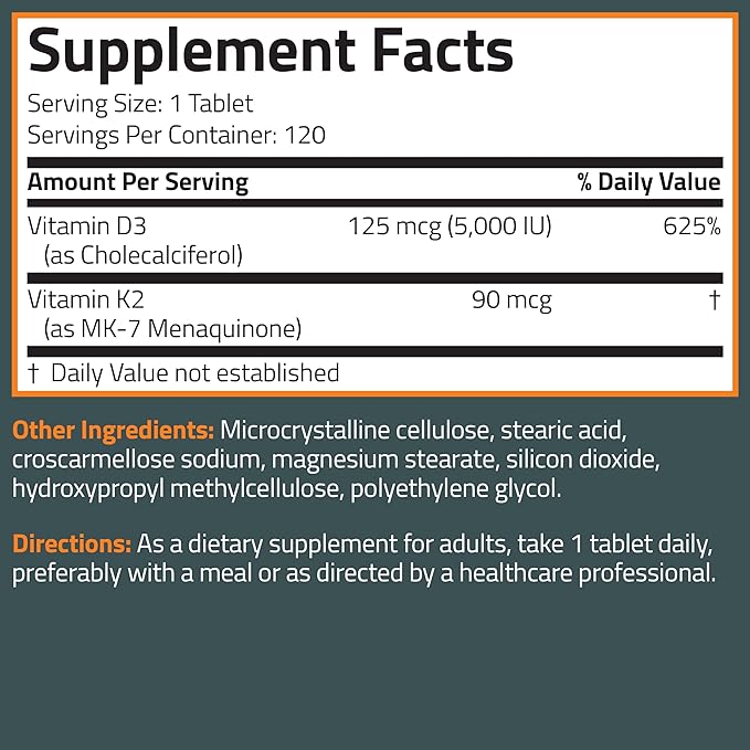 Bronson Vitamin K2 D3 (MK7) Supplement Non-GMO Formula Vitamin D3 5000IU (125 mcg) & 90 mcg K2 MK-7, Easy to Swallow D & K Complex, 120 Tablets