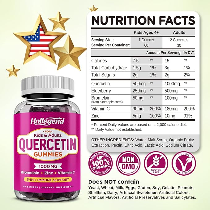 Quercetin Gummies for Kids and Adults, 1000mg Quercetin with Bromelain Vitamin C Zinc and Elderberry Supplement Organic, Chewable Gummies Vegan for Immunity Allergy Support, 120 Count