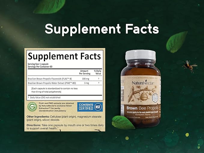 NaturaNectar - Brown Bee Propolis - NSF Contents Certified - Premium Brazilian Propolis - Gluten-Free Supplement with Flavonoids, FLAV-B and PWE - Naturally Sourced Through Ethical Beekeeping (60pcs.)