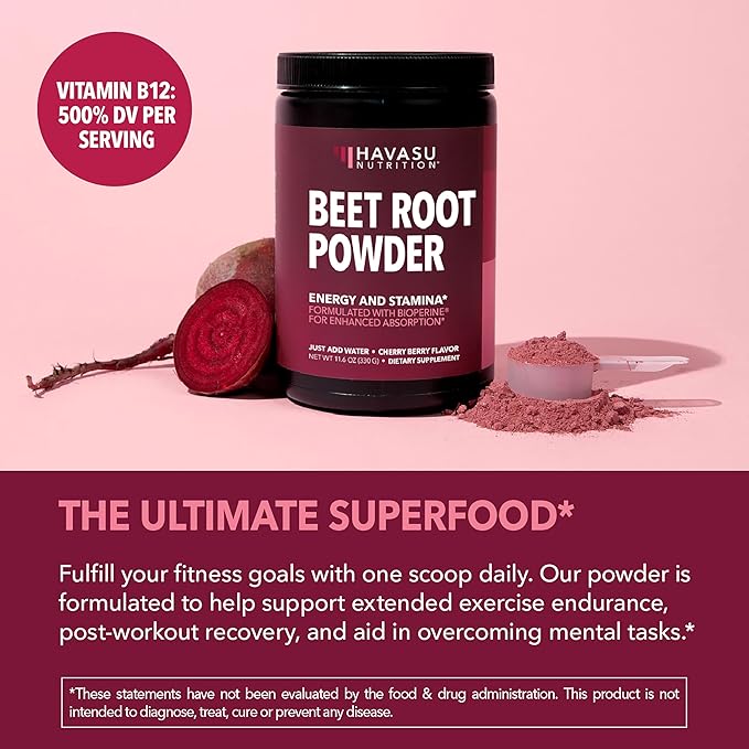 Organic Beet Root Powder with Vitamin B12 & Coryceps - Nitric Oxide Supplement - Beetroot Powder for Energy & Post Workout Recovery - Mix with Water or Smoothies, Cherry Berry Flavor - 30 Servings
