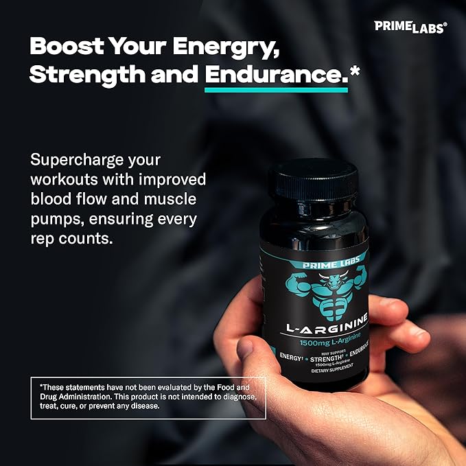 Prime Labs L Arginine 1500mg - Nitric Oxide Supplement - Blood Flow, Energy, Strength, Endurance - 60 Count