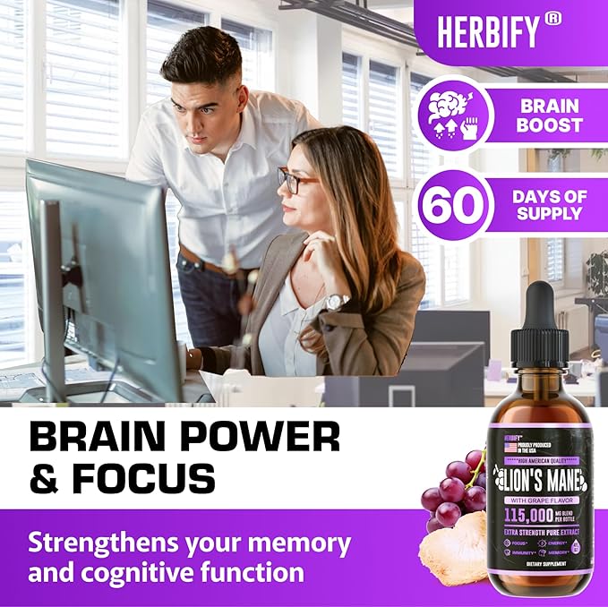 HERBIFY Lions Mane Supplement - Daily Mushroom Supplement for Memory, Focus & Clarity - Brain Booster - Lions Mane Tincture for Immune Support - 4 Fl oz Grape Flavor