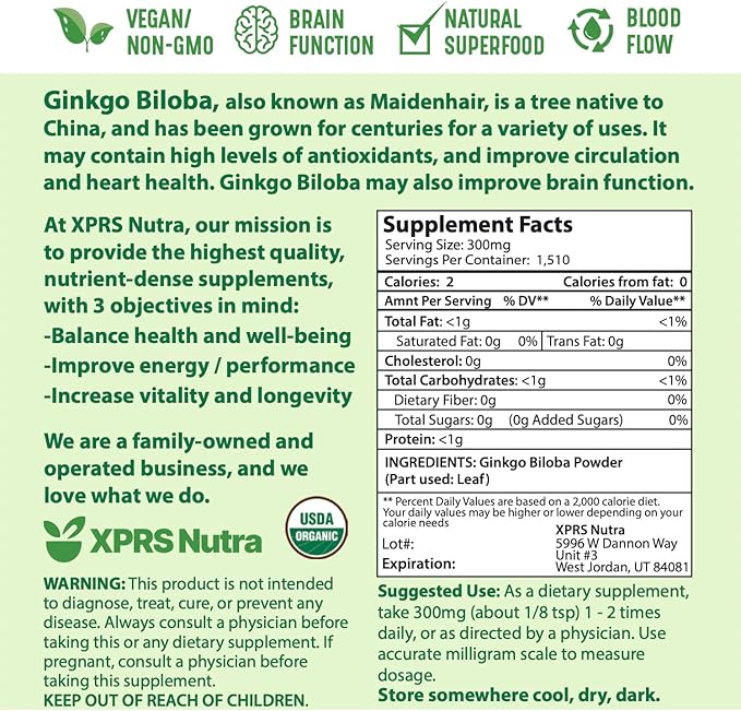XPRS Nutra Organic Ginkgo Biloba Powder - Gingko Biloba Supplements for Cognition - Vegan Friendly Ginkoba Biloba Organic - Immunity Boosting Ginkgo Biloba Powder (16 oz)