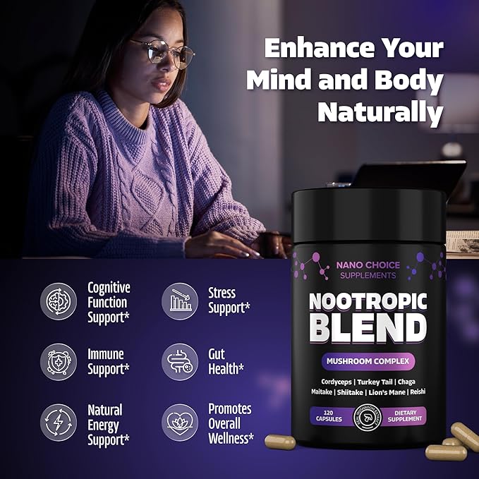 Nano Choice Nootropic Blend - Mushroom Complex Supplement for Brain, Focus, Productivity & Immune Support | Non-GMO, Vegan, Made in USA | 120 Capsules