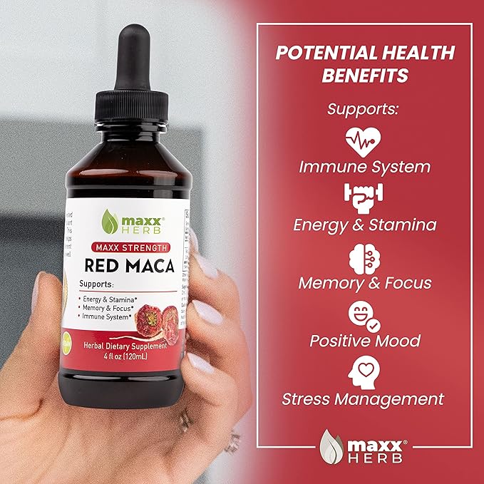 Maxx Herb Red Maca Root Extract - Max Strength Liquid Drops Absorb Better Than Powder or Capsules, for Stamina, Memory and Focus - Alcohol Free - 4 Bottles, 4 Oz Each (240 Servings)