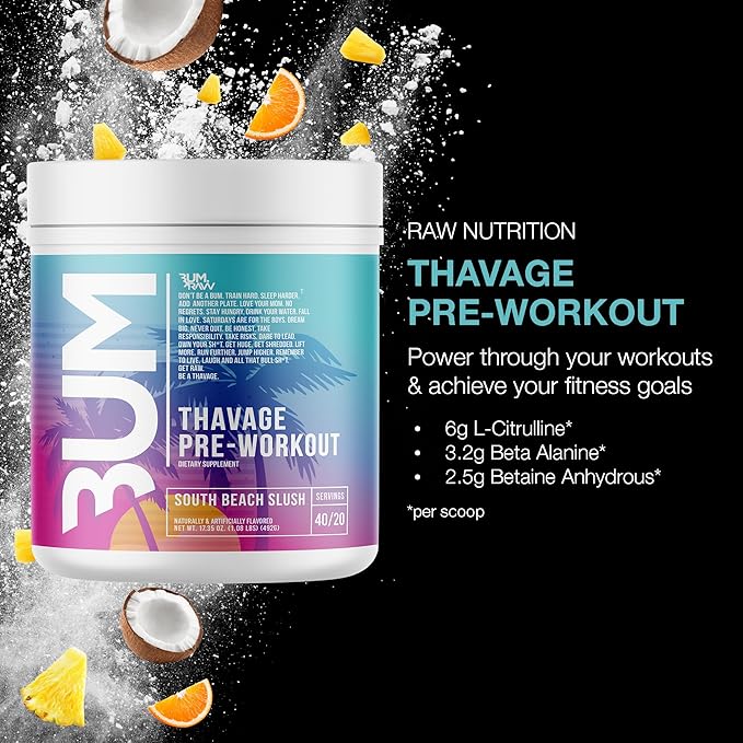 RAW Preworkout Powder, Thavage (South Beach Slush) - Chris Bumstead Sports Nutrition Supplement for Men & Women - Cbum Pre Workout for Working Out, Hydration, Mental Focus & Energy - 40 Servings