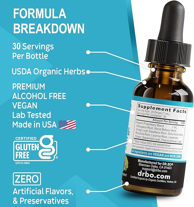 Adrenal Support Supplements Liquid Drops - Organic Adrenal and Focus Supplement, Cortisol Manager Adaptogen Adults, Ginkgo Biloba for Kids Calm - Natural Brain and Memory Fatigue Stress Attention 1oz