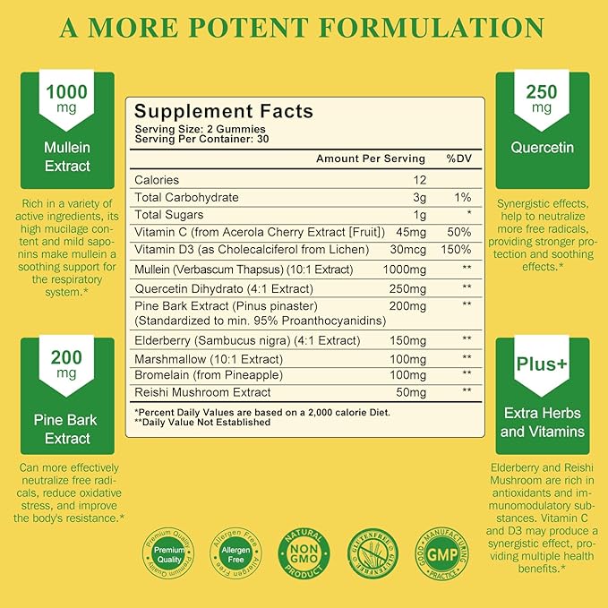 (2 Pack) 9 in 1 Mullein Gummies for Lung Cleanse & Detox, Extra Strength Mullein Leaf Extract w/Quercetin, Bromelain, Elderberry & Marshmallow for Respiratory, Immune & Digestive, Vegan,120 Count