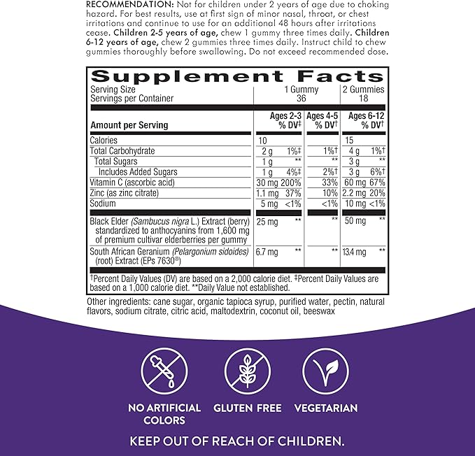 Nature's Way Sambucus Kids Cough Relief +(1) Immune Gummy*, Feel Better Faster(1), Clinically Proven South African Geranium, with Elderberry, Vitamin C & Zinc, Gluten Free, Vegetarian, 36 Gummies