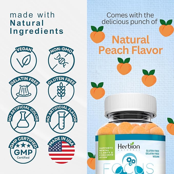 HERBION Naturals Taurine Gummies with Ginseng, L-Theanine, Vitamin C, B3, B6, & B12, Support Mental Clarity & Concentration*, Natural Peach Flavor, Gluten-Free, USA Made, 60 Gummies