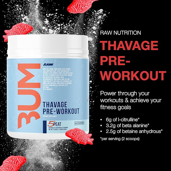 RAW Pre Workout Powder, Thavage (5 Peat, Red Gummy) - Chris Bumstead Sports Nutrition Supplement for Men & Women - Cbum Pre Workout for Working Out, Hydration, Mental Focus & Energy - 40 Servings