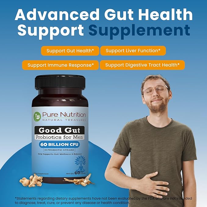 Pure Nutrition Good Gut Men's Probiotics 60 Billion CFU, 20 Strains | 60 Caps | Probiotics for Men with Organic Prebiotic Blend | Once Daily | Non GMO | Gluten Free