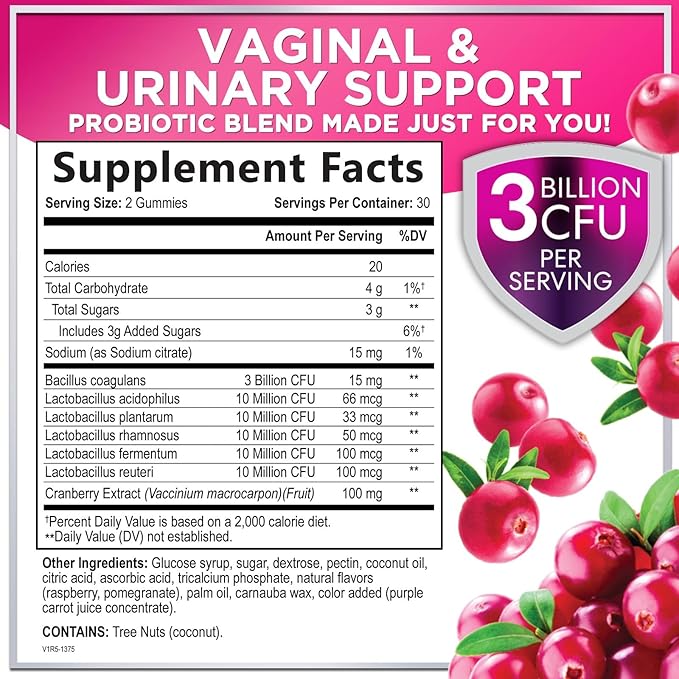Probiotics for Women with Cranberry Extract - 6 Premium Strains for PH Balance, Digestive Health, Vaginal & Immune Support, 3 Billion CFU, Womens Probiotic Gummy for Feminine Health - 60 Gummies